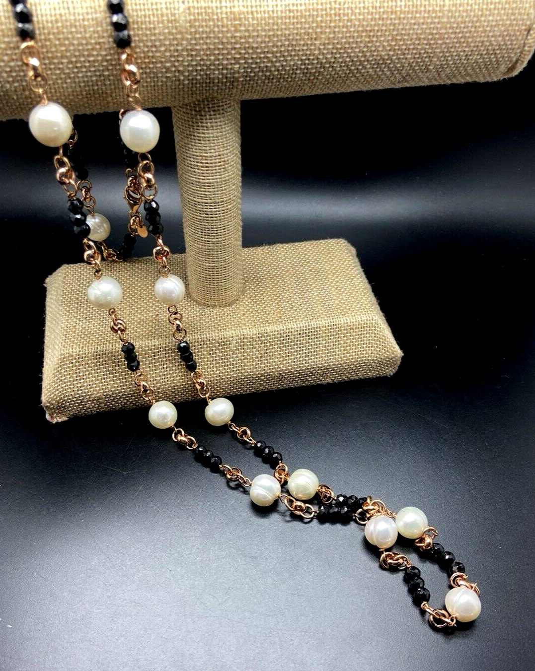HONORA WHITE PEARL & BLACK BEAD NECKLACE BRONZE MILOR ITALY NEW IN BOX