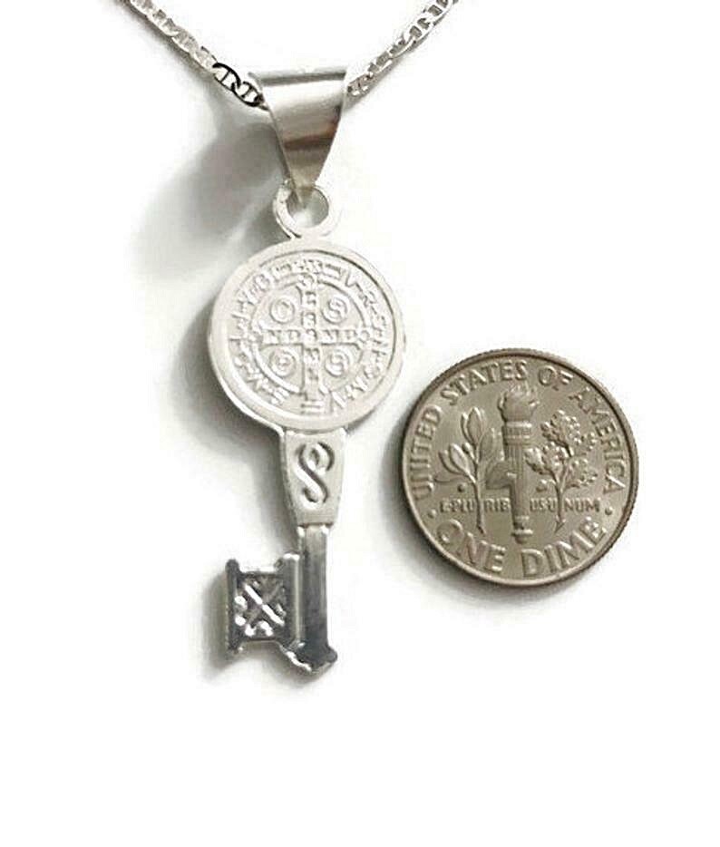 925 Sterling Silver Saint Benedict Key Necklace 22″/Cadena San Benito llave- P63