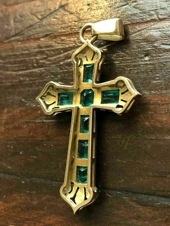 3Ct Emerald Cut Green Emerald Cross Pendant 14k Yellow Gold Finish