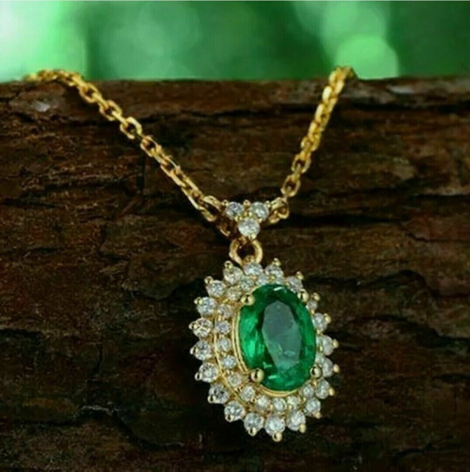 2 Ct Lab Created Emerald Oval Cut Pendant 14K Yellow Gold Finish 18″ Chain