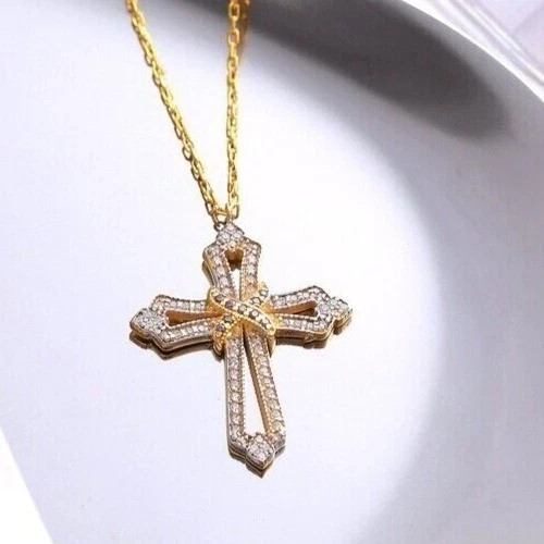 Sterling Silver Gold Finished Religious Two-Tone Diamond Cross Pendant Necklace