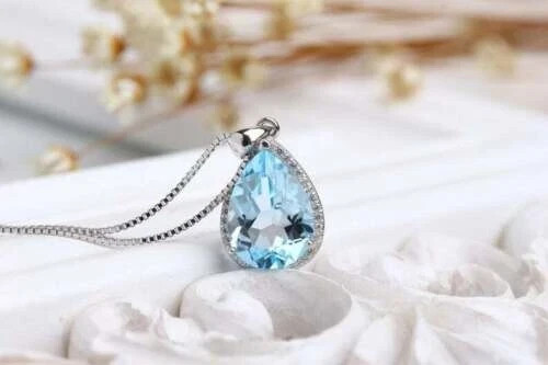 2.00Ct Pear Cut Lab Created Aquamarine Halo Pendant 14K White Gold Silver Plated