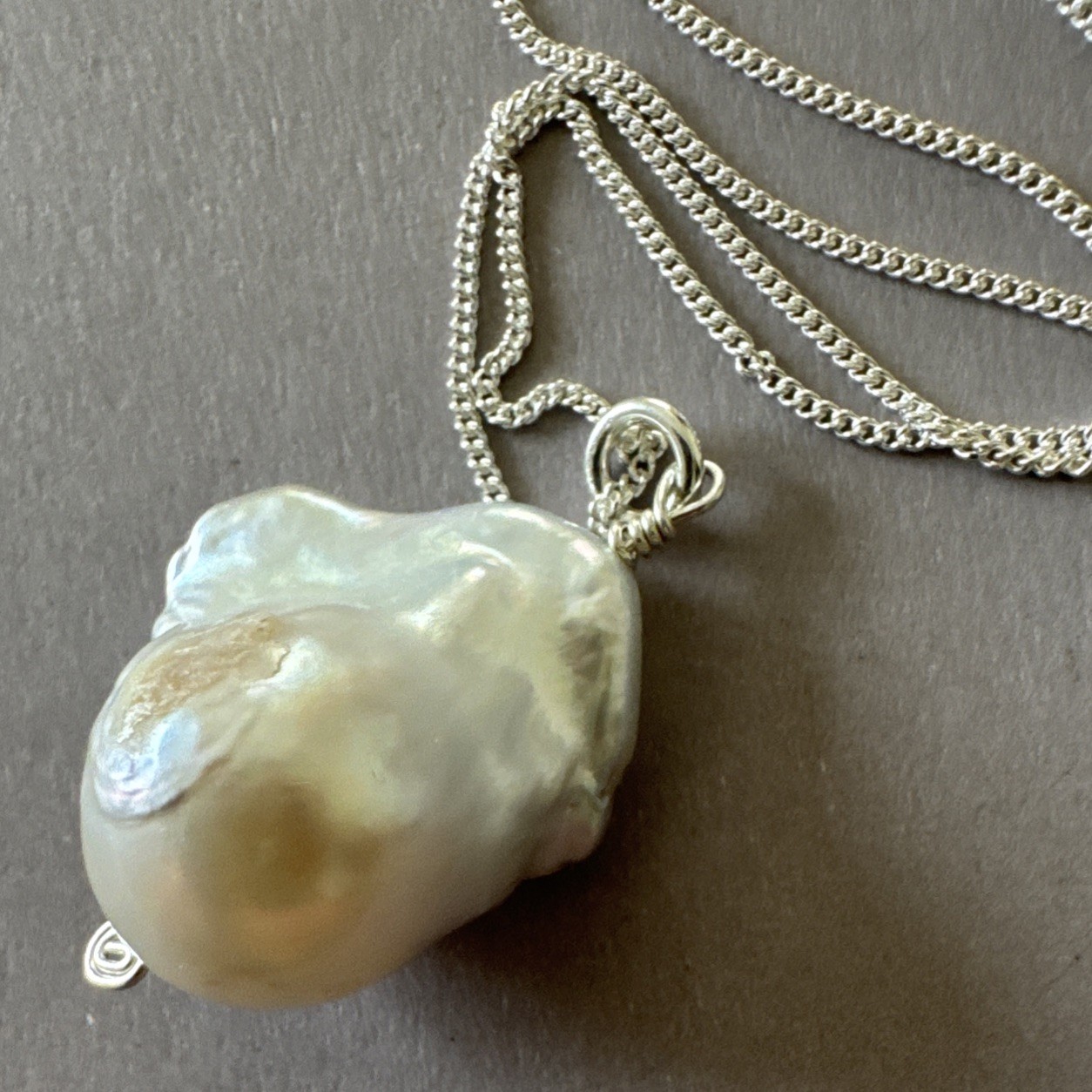 Sterling Silver 925 21mm Freshwater Pearl Pendant Italy 18” Curb Chain Necklace