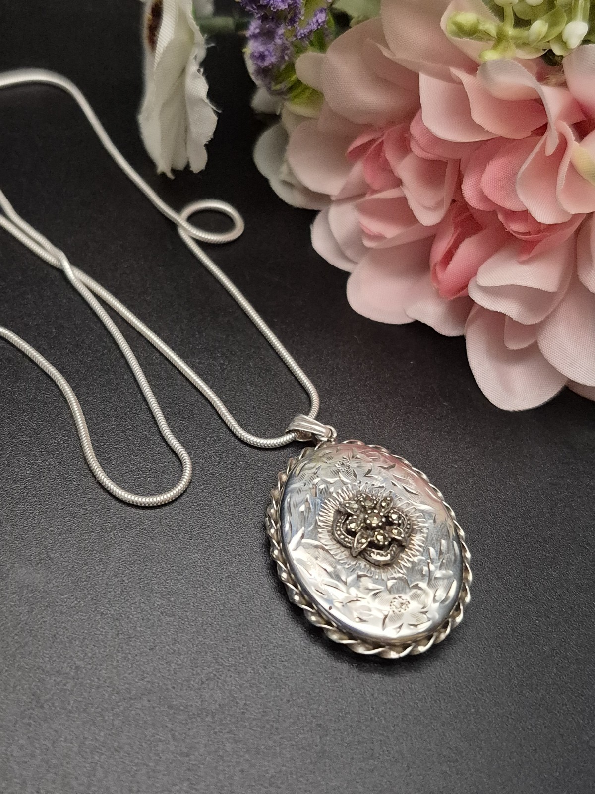 LOCKET – Fully Hallmarked Sterling Silver and Marcasite Double Photo Locket.