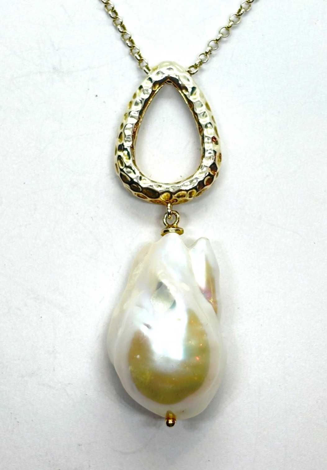 Sterling Silver Gilt Large Natural Baroque Pearl Pendant Necklace – 11.2 grams