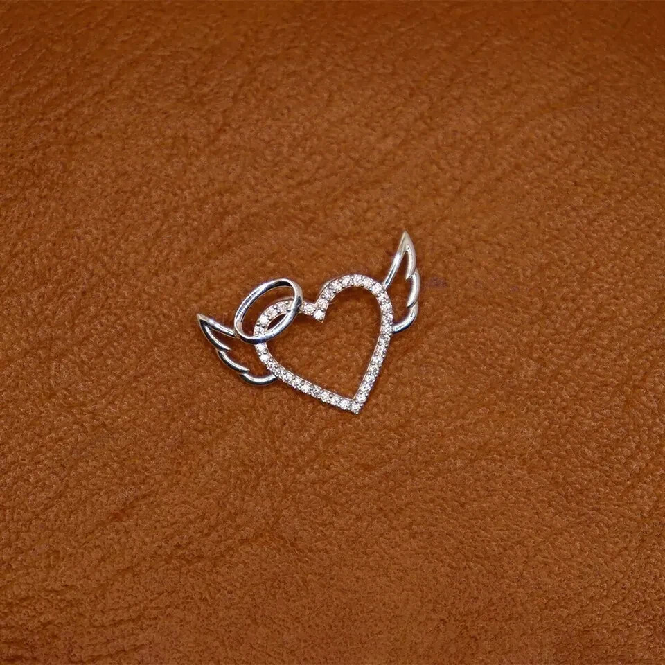 0.18 Ct Natural Diamond Angel Heart Pendant Necklace in White Gold Plated Silver