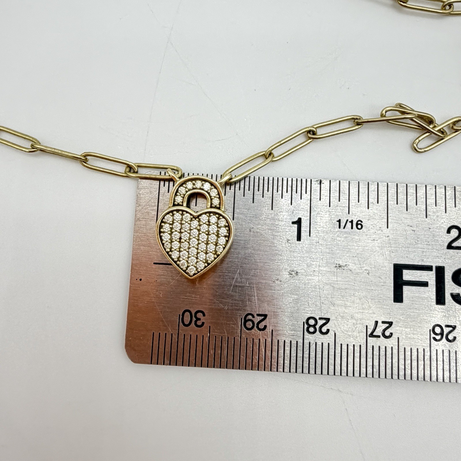 Vtg Sterling Over Gold Pave Diamond Heart Necklace Paper Clip Chain