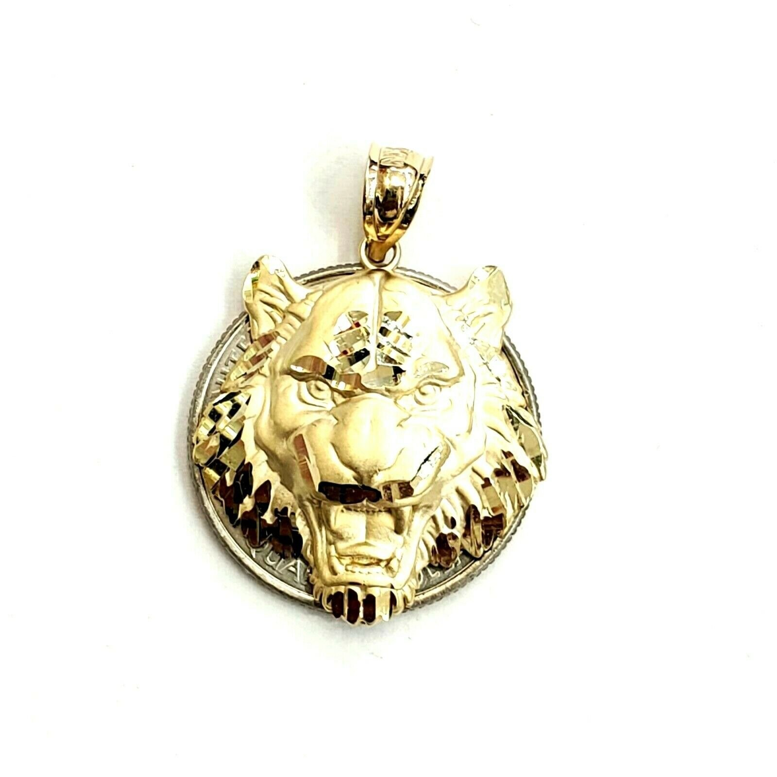 14k yellow solid Gold tiger male head face Pendant diamond cut fine jewelry 3.8g