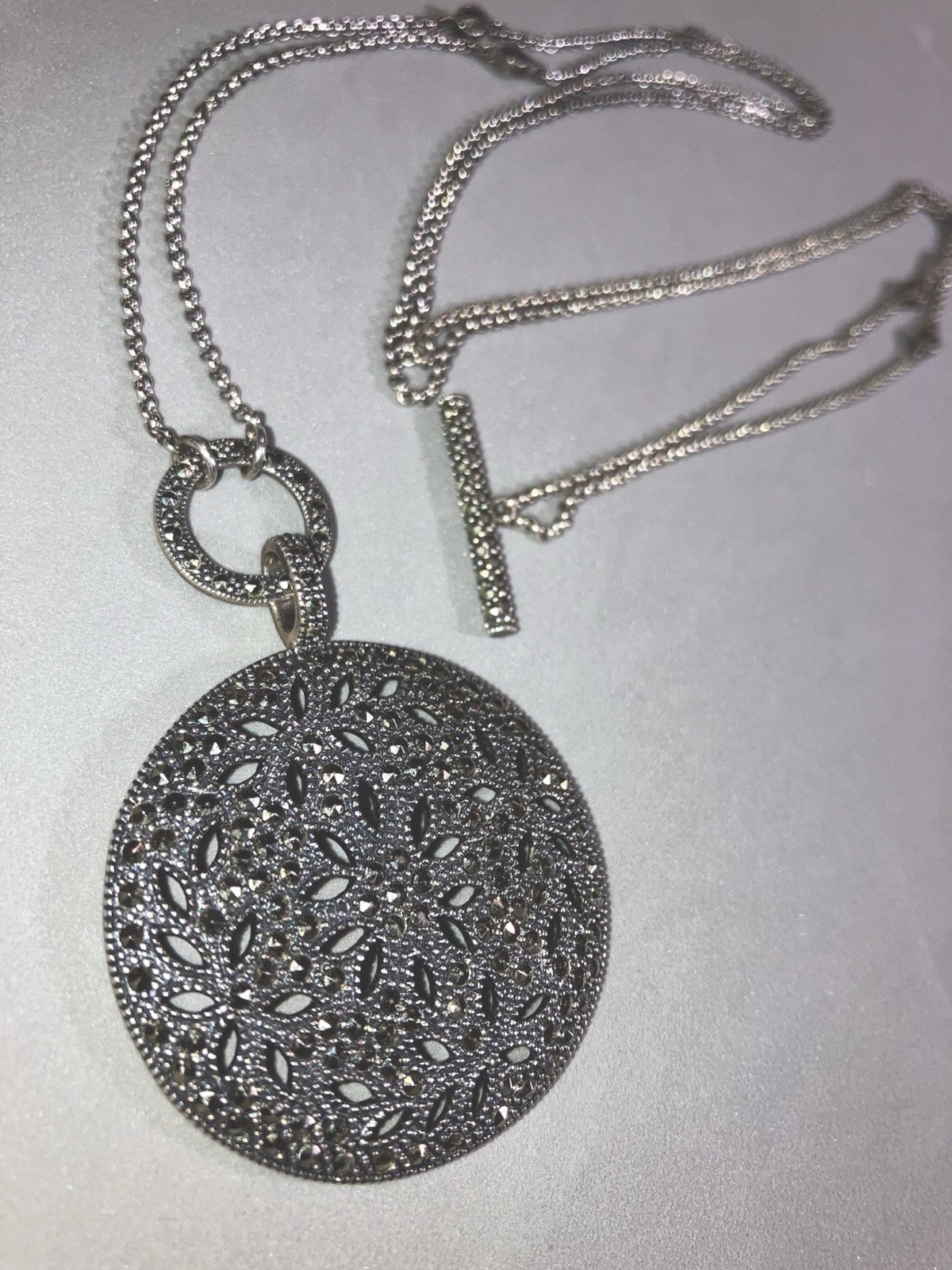 Vintage Judith Jack $285 Sterling Silver 925 Marcasite Dome Pendant Necklace 36”
