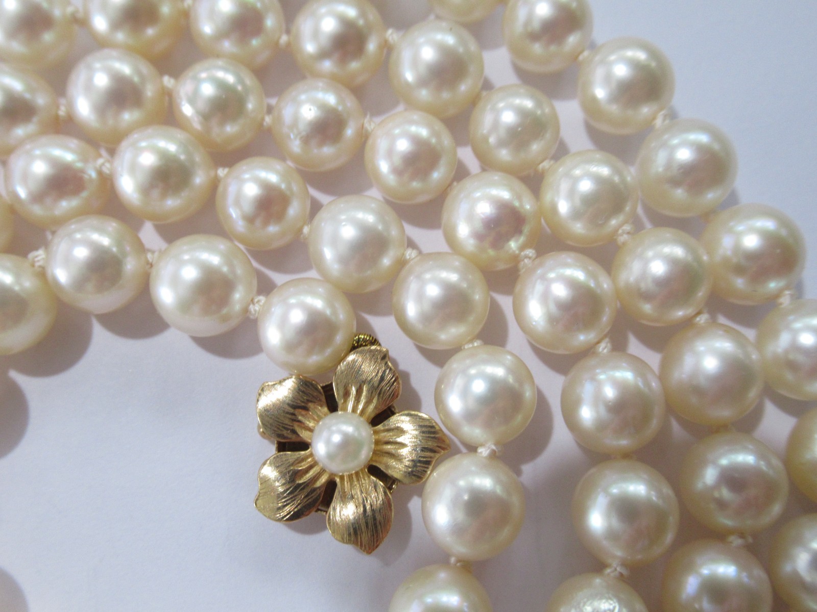 Vintage Akoya Cultured Pearl Opera Necklace 7-7.5mm with 14k Gold Flower Clasp