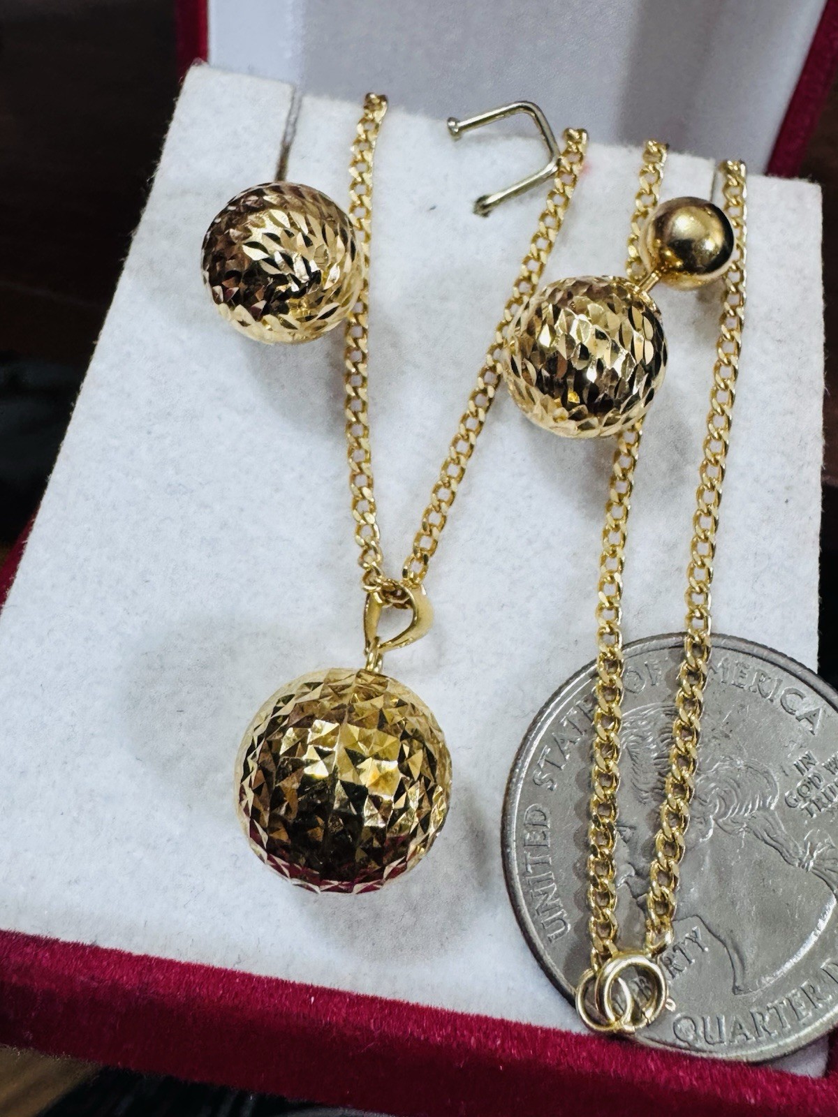 18K 750 Real Fine Gold Women’s Balls Earring & Necklace 23.5/24” long 10.4g 2mm
