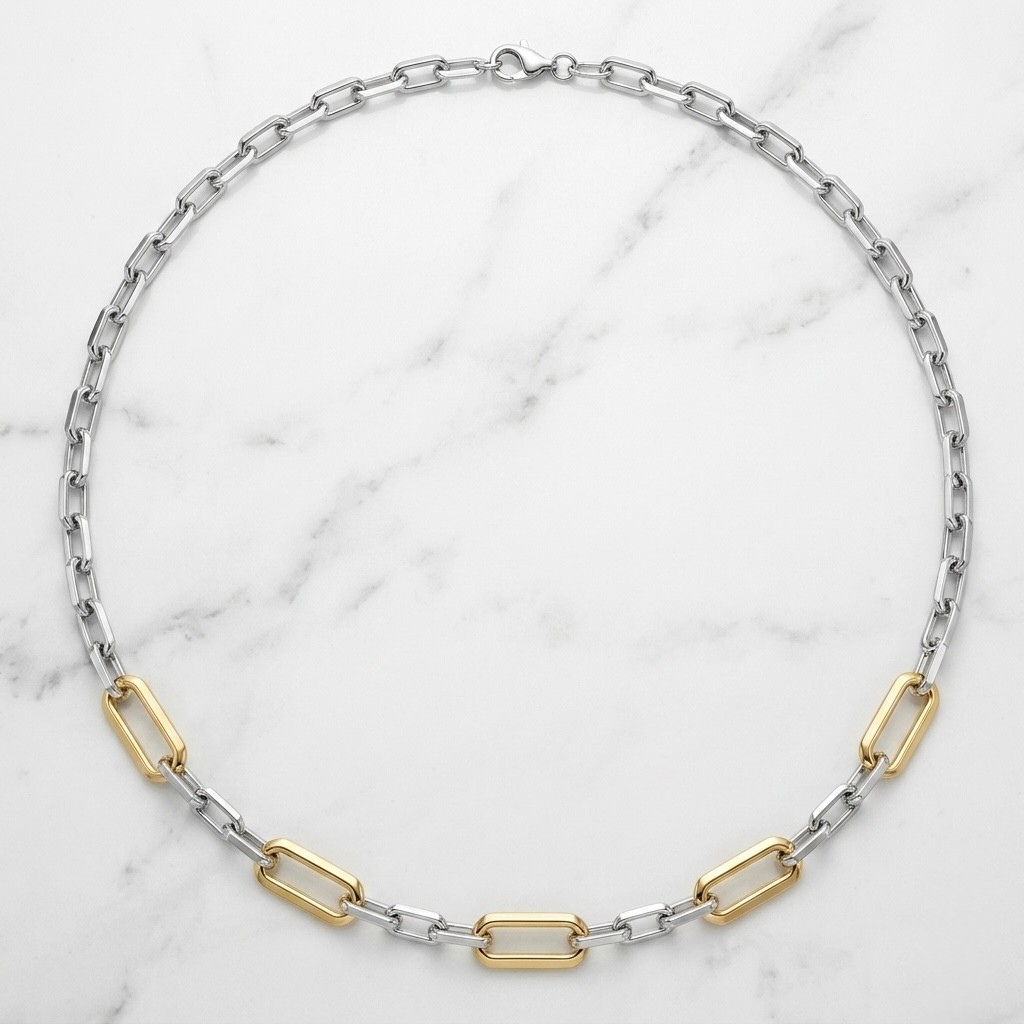 Knife Edge Paper Clip Oval Chain Necklace 14K Two-Tone Gold Plated Real Silver