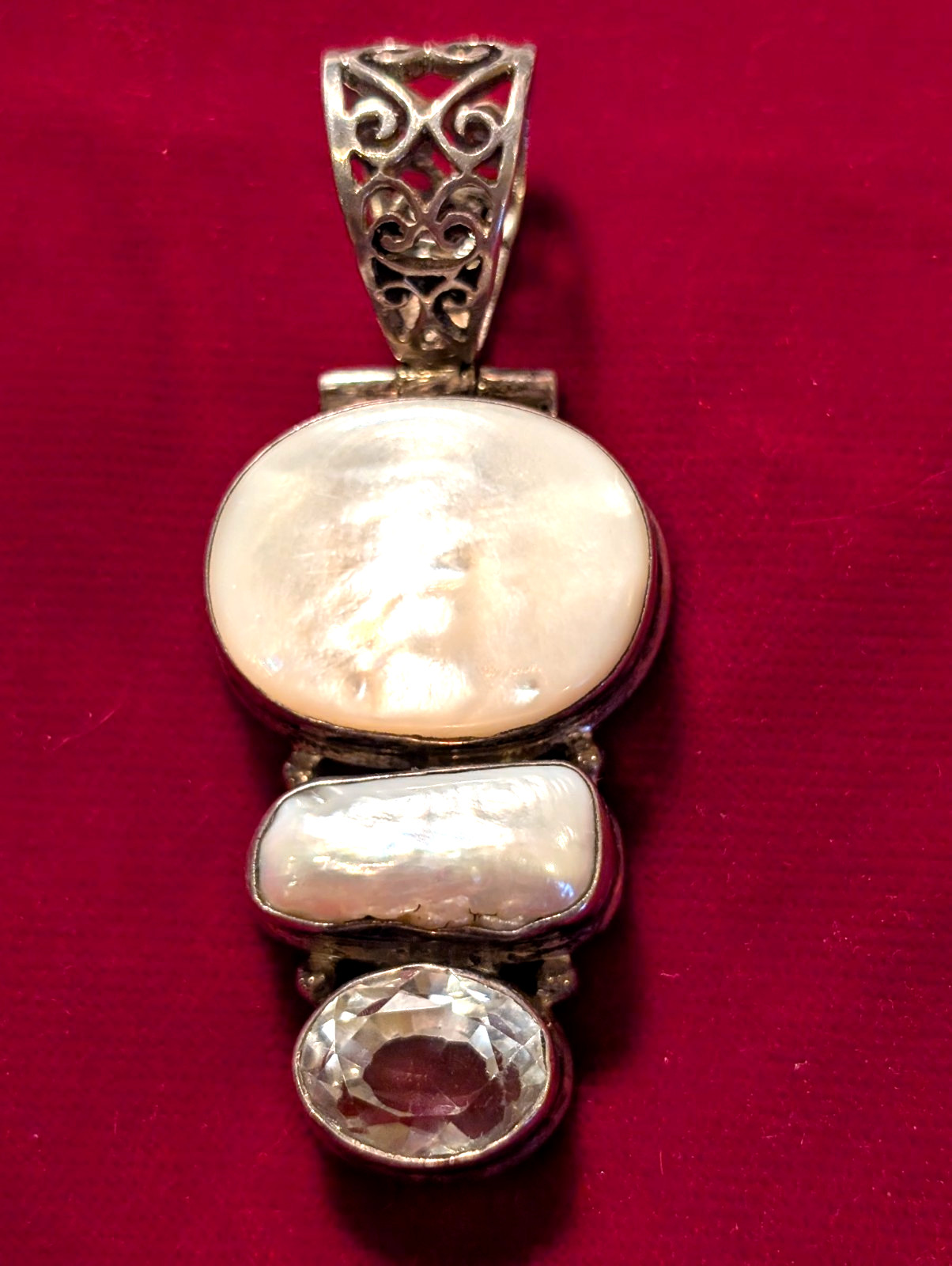 Sterling Silver 925 2 MOP & Topaz? Unique Hinged Pendant Oversized Filigree Bail