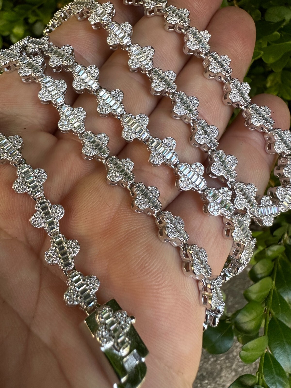 Real Iced MOISSANITE Baguette Clover Tennis Chain Necklace – VVS D Color 8mm