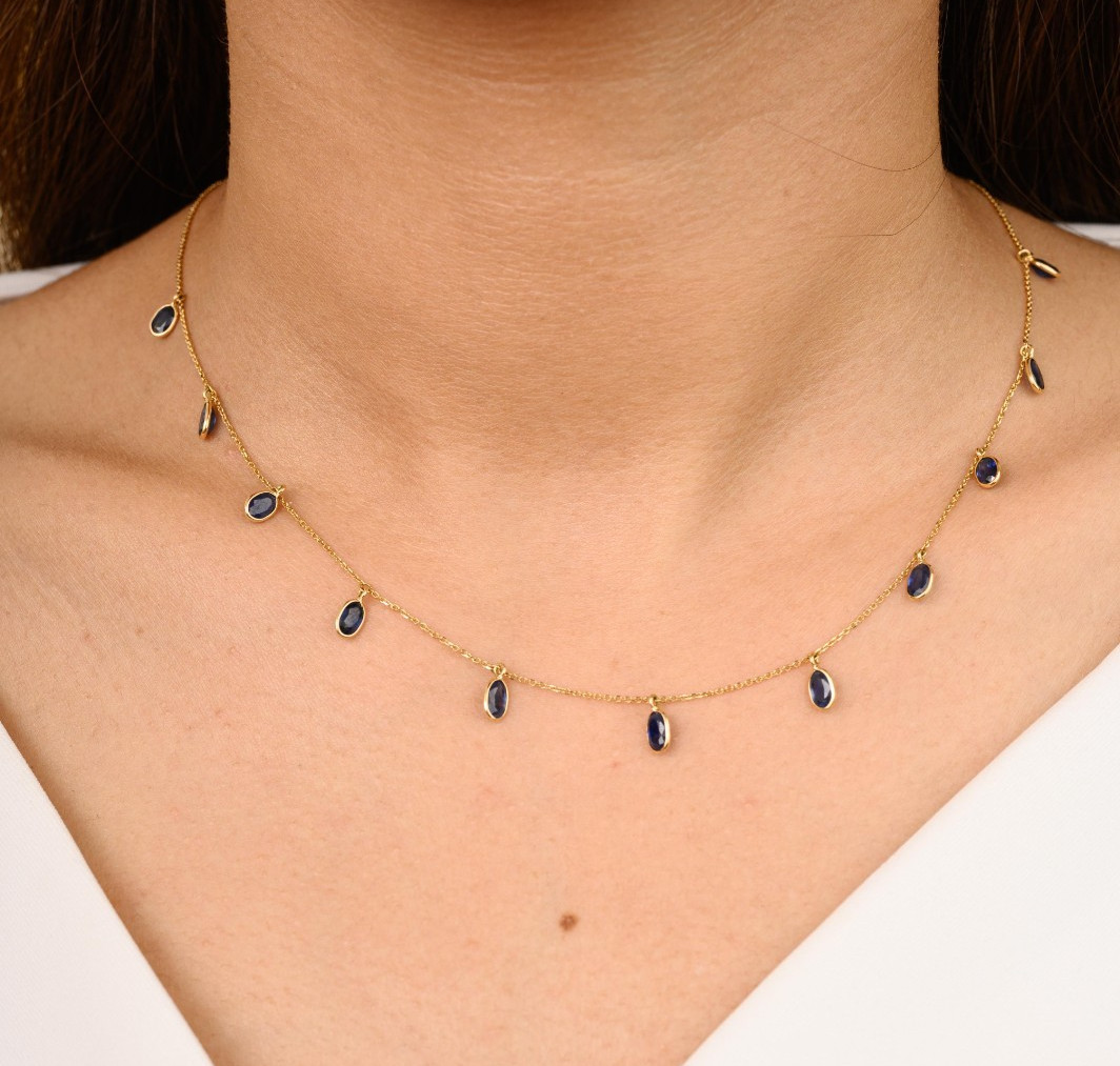 Festive Season! Station Necklace For Wife Oval Natural Sapphire 14k Yellow Gold