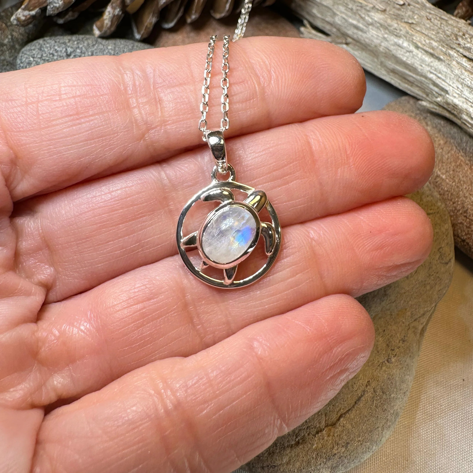 Moonstone Turtle Necklace Animal Pendant Beach Ocean Ladies Girls 925 W/CHAIN
