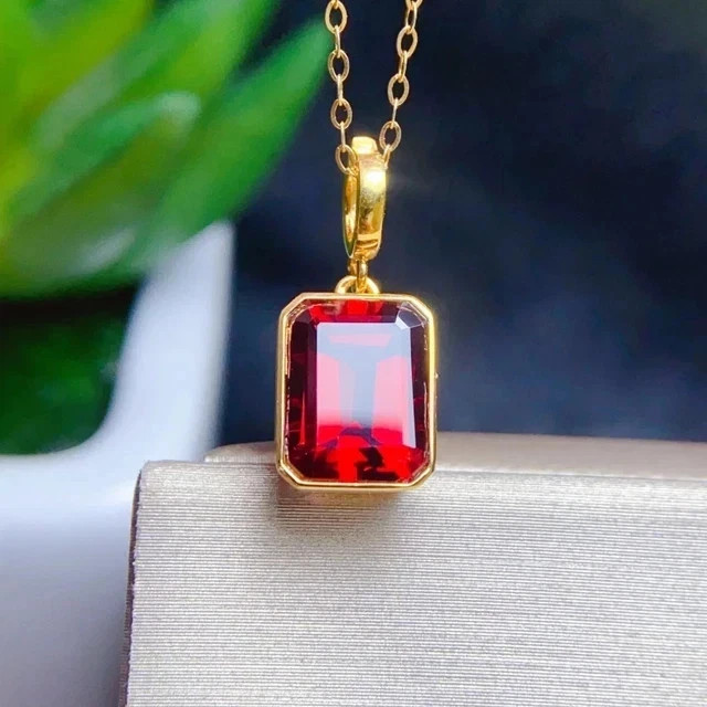 3CT Emerald Cut Lab Created Red Garnet Pendant 14K Yellow Gold Plated 925 Silver