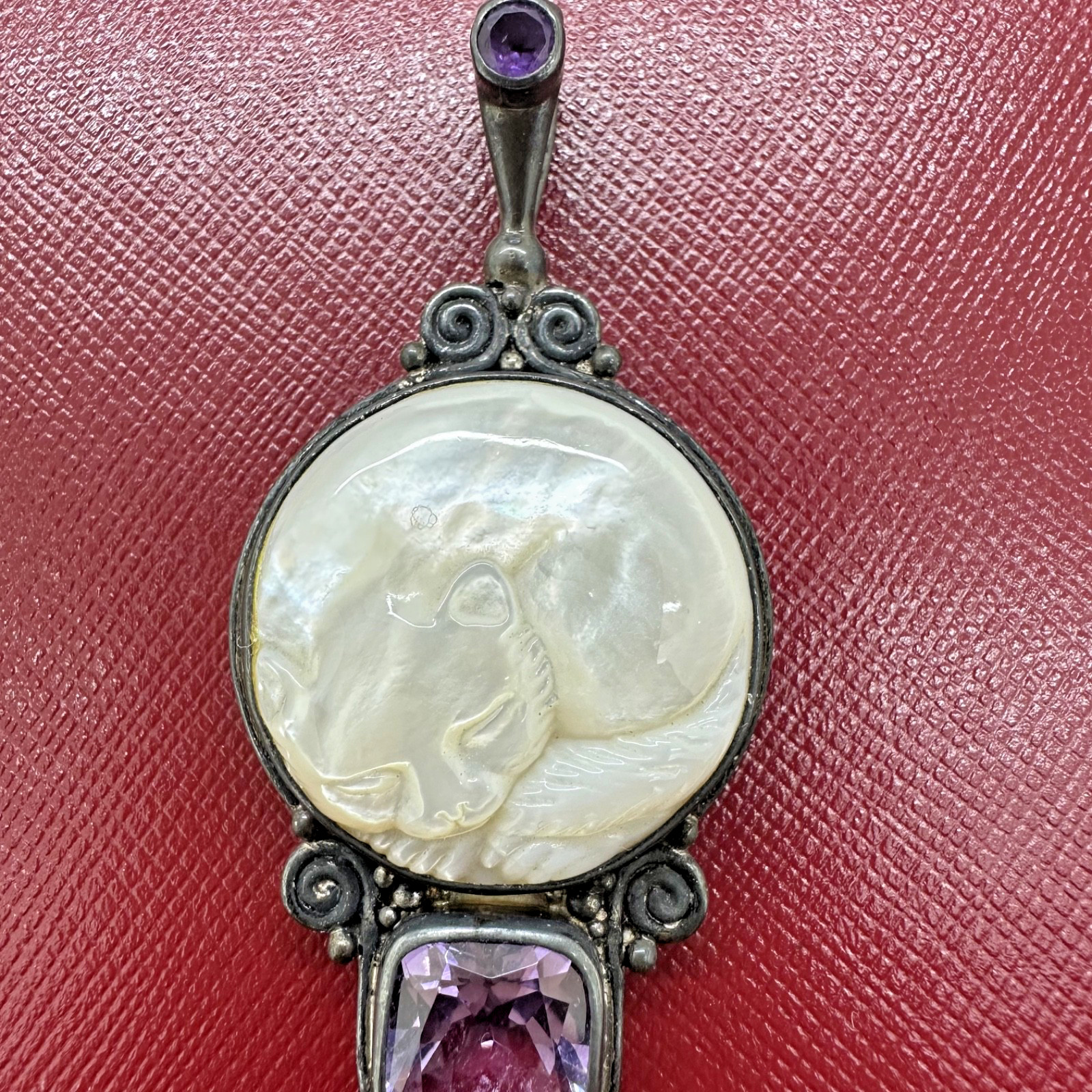 SAJEN STERLING SILVER CARVED MOP CAT AMETHYST & ROSE QUARTZ DANGLE PENDANT