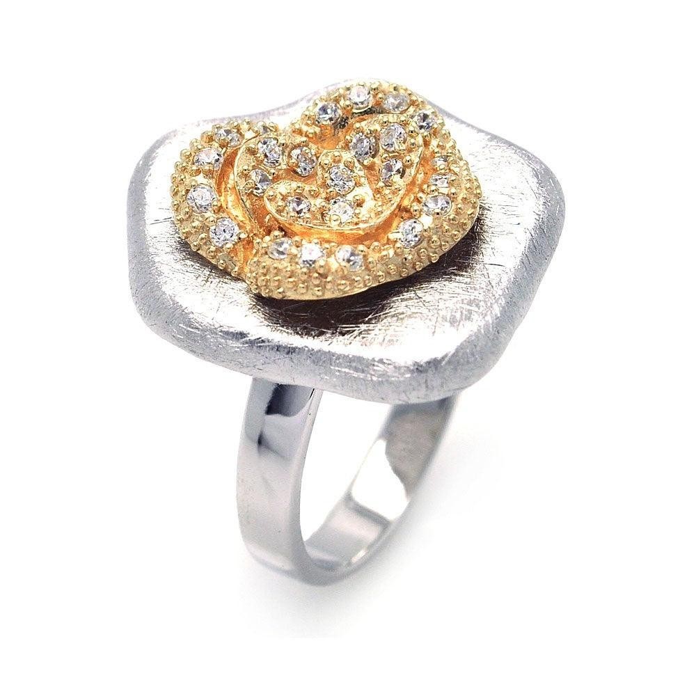 Silver 925 Rhodium and Gold Plated Matte Finish Clear CZ Flower Ring