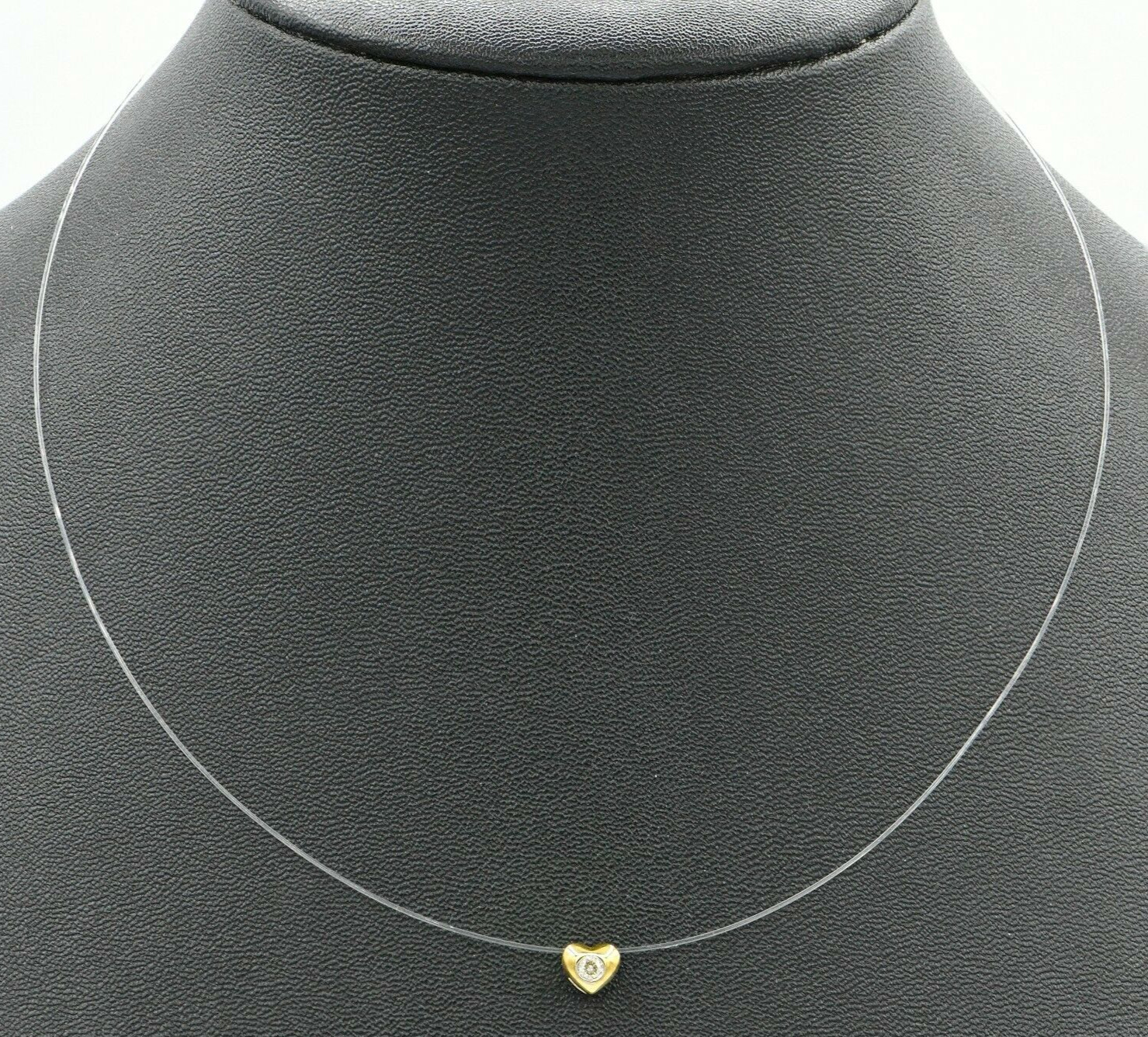 Beautiful 14K Yellow Gold Solitaire Diamond Heart Fish Wire Pendant Necklace 16″