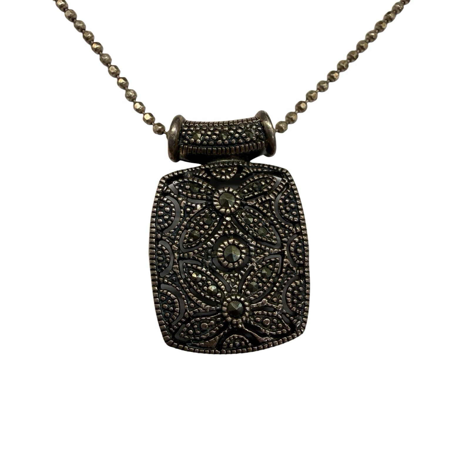 Vintage 925 Sterling Silver & Marcasite Filigree Pendant On 925 Italy Necklace