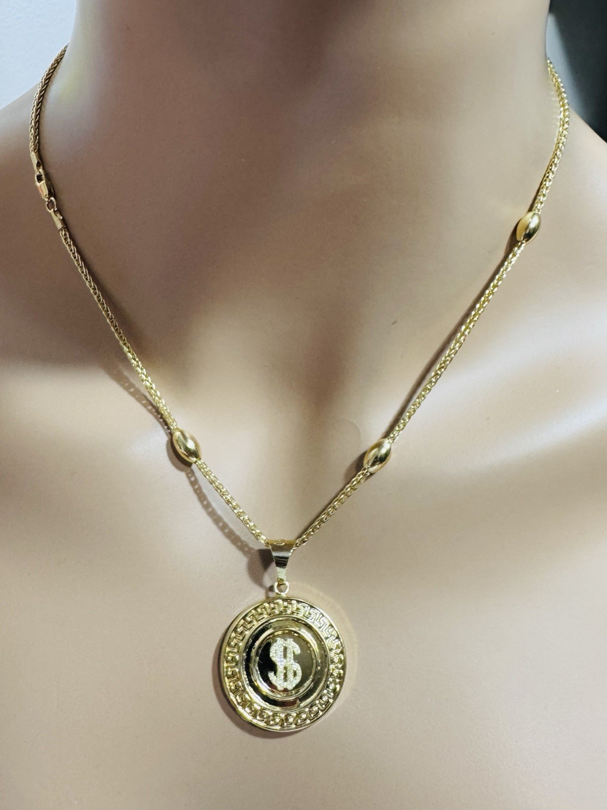 18K 750 Gold Oval Chain Dollar $ SET Necklace 17.6”/18” Long 9.6g 2.2mm WOMENS