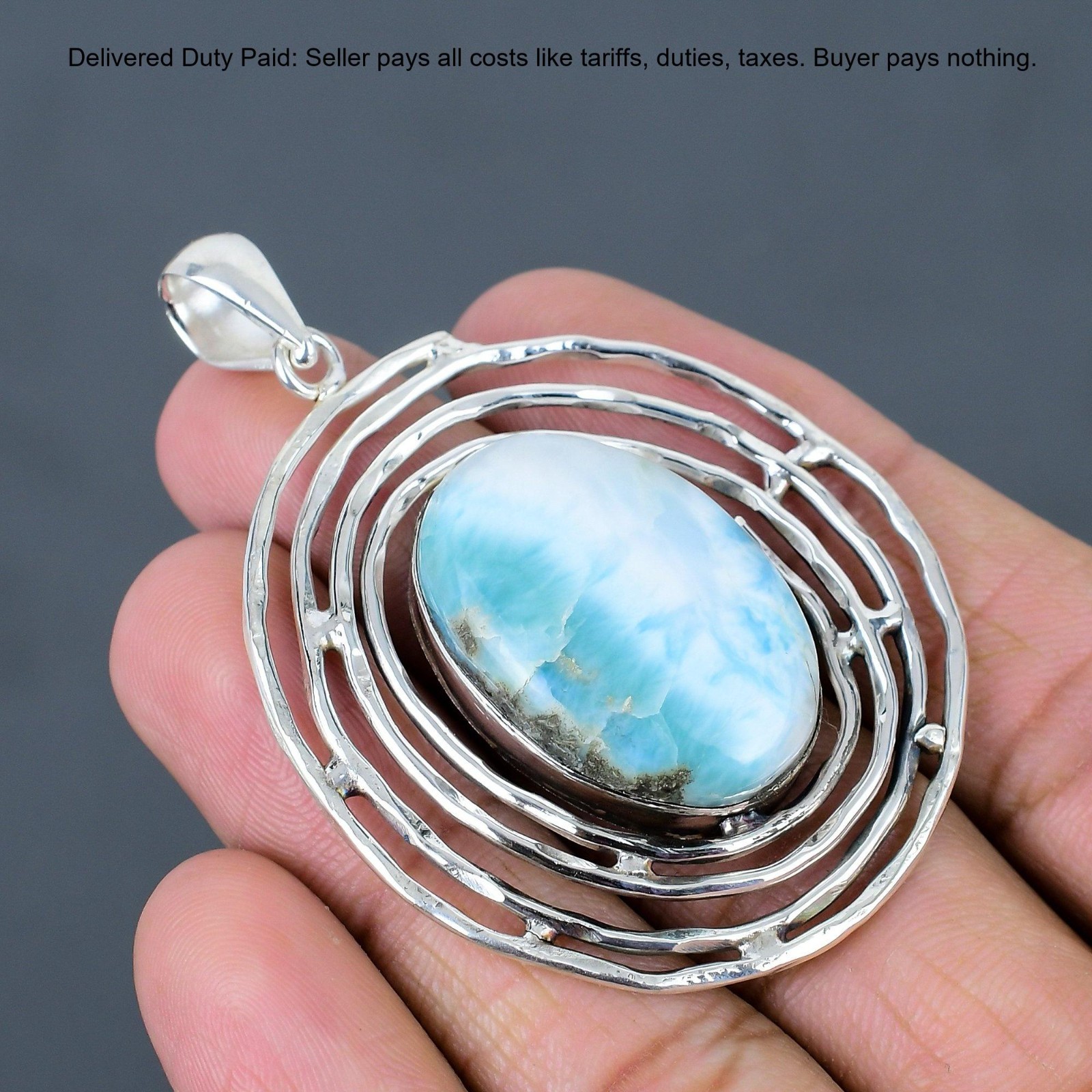 925 Sterling Silver Oval Larimar Gemstone Throat Chakra Birthday Sister Pendant