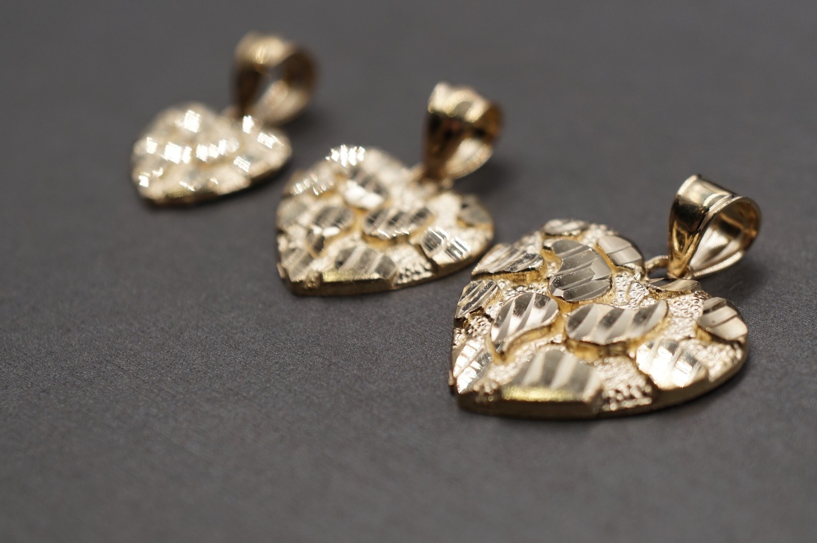 10K Solid Yellow Gold Diamond Cut Nugget Heart Charm Pendant. 3 Sizes