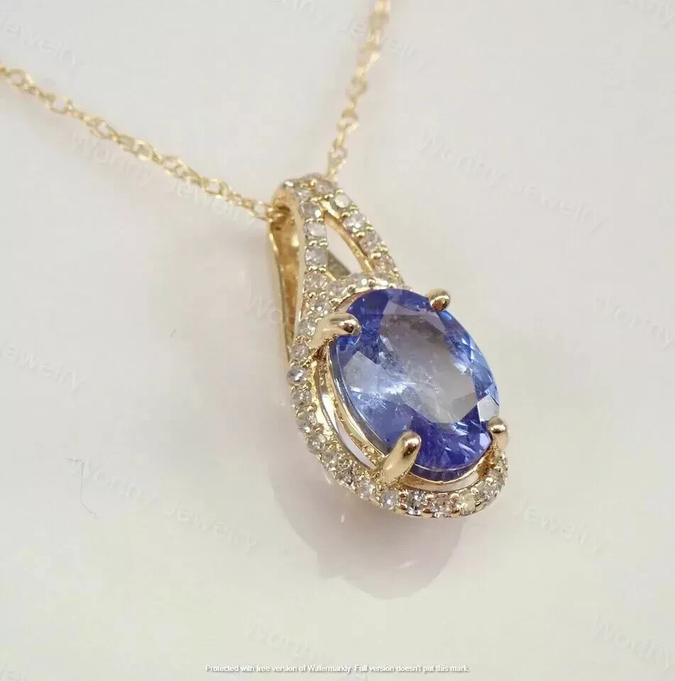 2Ct Oval Cut Blue Sapphire Diamond Halo Pendant Necklace 14K Yellow Gold Finish