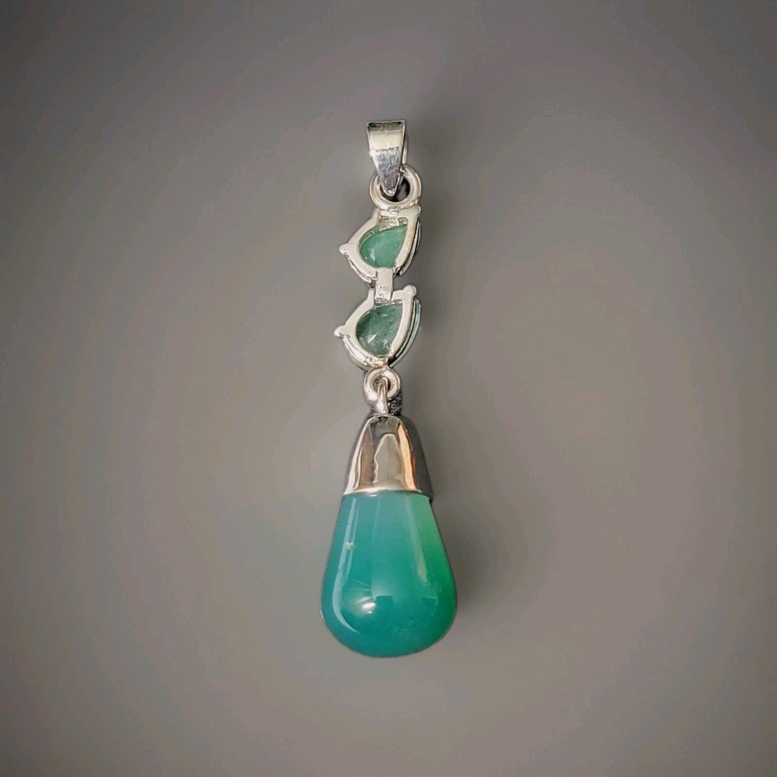 Green Agate & Emerald Dangle 925 Sterling Silver Necklace Jewelry Pendant 1171