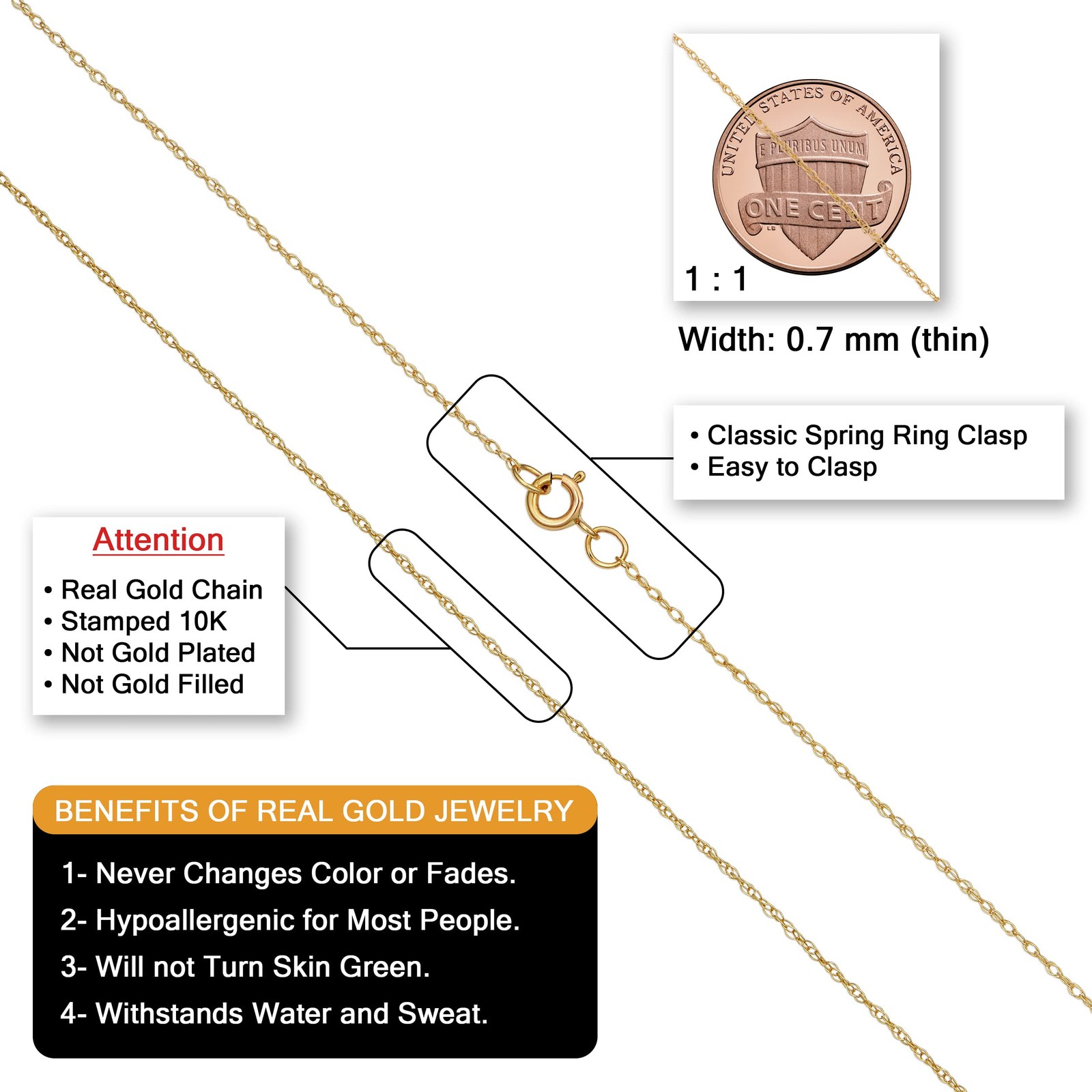 Kooljewelry 10k Yellow Gold Rope Chain Pendant Necklace (0.7 mm, 20 inch)