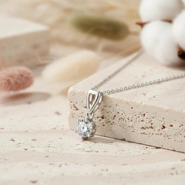 6mm Round cut Lab Grown Diamond 14k White Gold plated Solitaire Charm Pendant