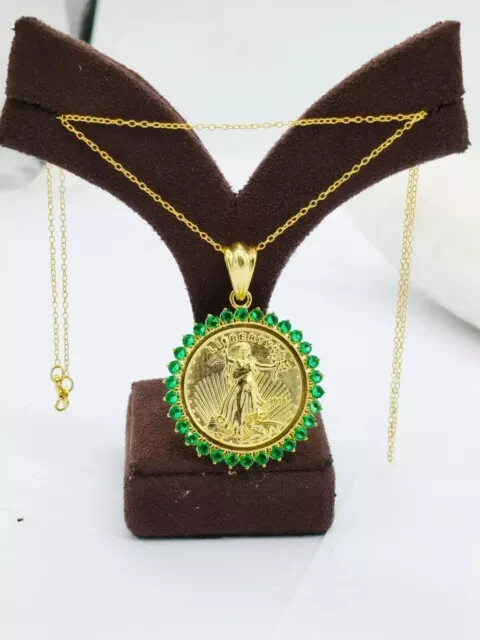 Liberty Coin Pendant 14K Yellow Gold Plated 2Ct Round Cut Lab Created Emerald