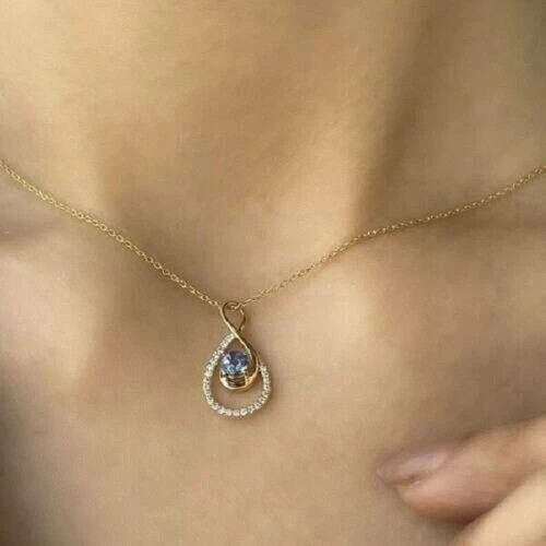 1.00Ct Round Cut Blue Tanzanite Solitaire Pendant 14K Yellow Gold Finish Chain