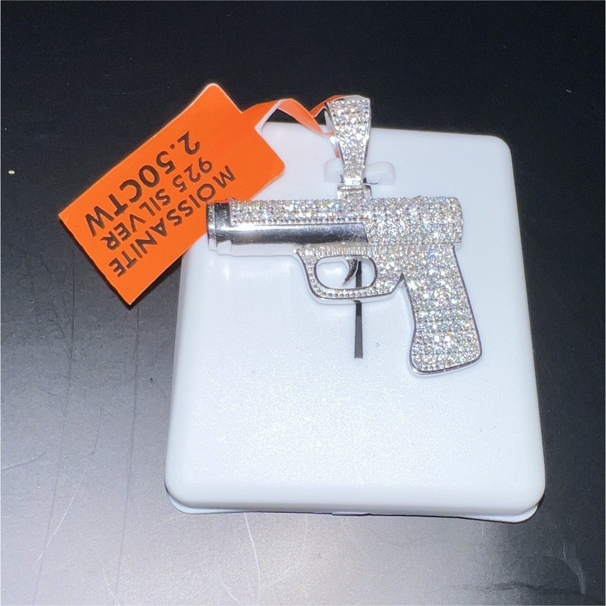 Sterling Silver 925 Moissanite Pistol Gun Charm Pendant Pavé Set Hip Hop Silver