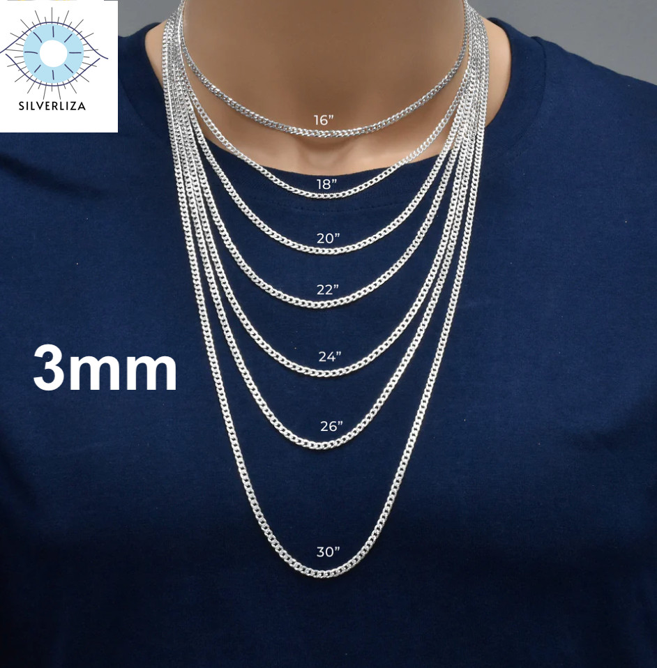 Real 925 Sterling Silver Mens Diamond Cut Curb Cuban Chain Bracelet or Necklace