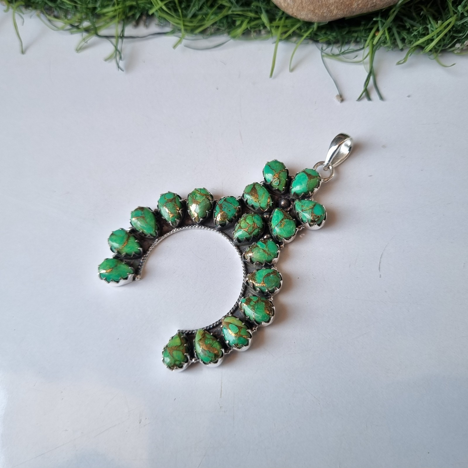 Large Green Copper Turquoise Gemstone Pendant 925 Sterling Silver Gift BT89