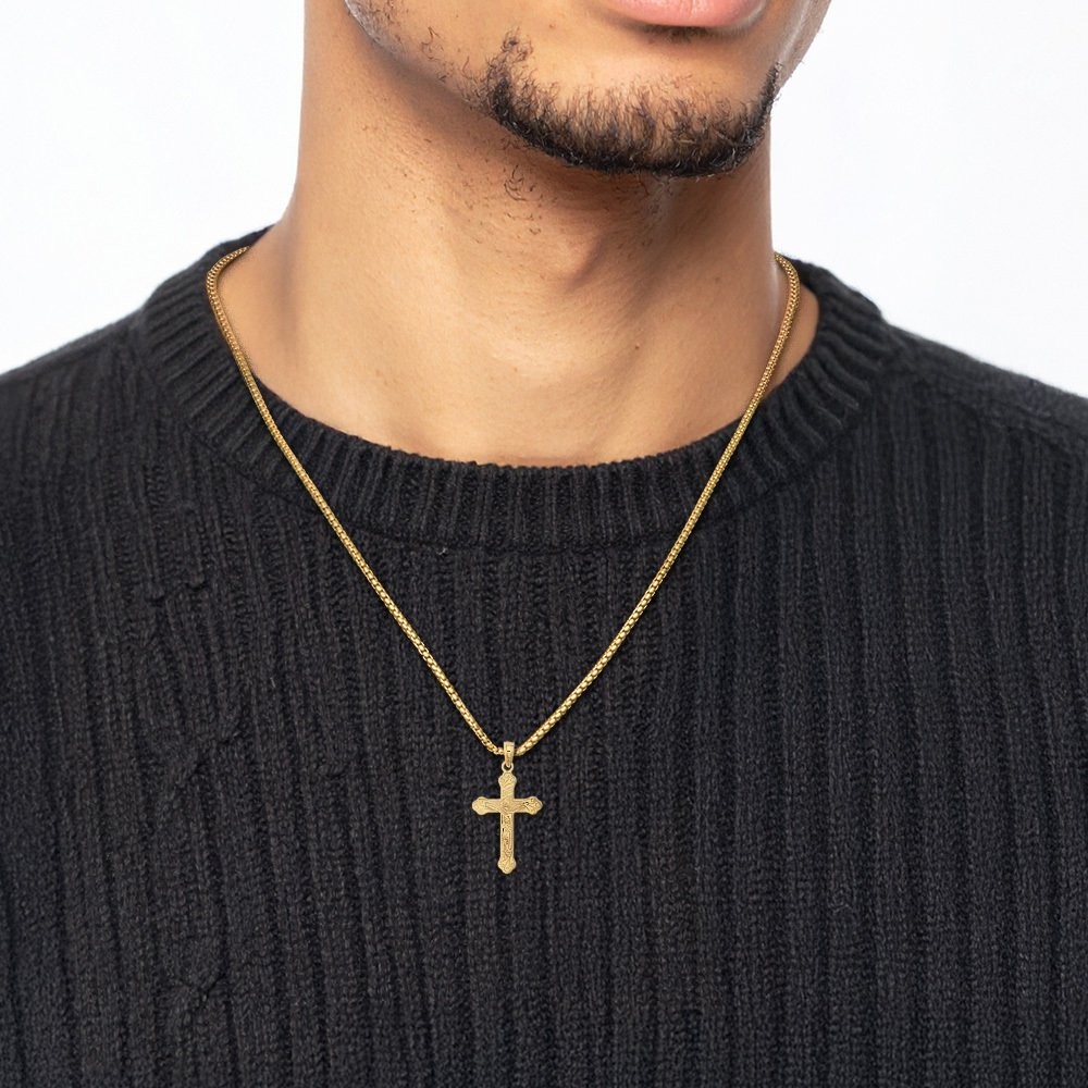 14K Solid Yellow Gold Medium Inri Jesus Crucifix Cross Pendant Necklace 25.8mm
