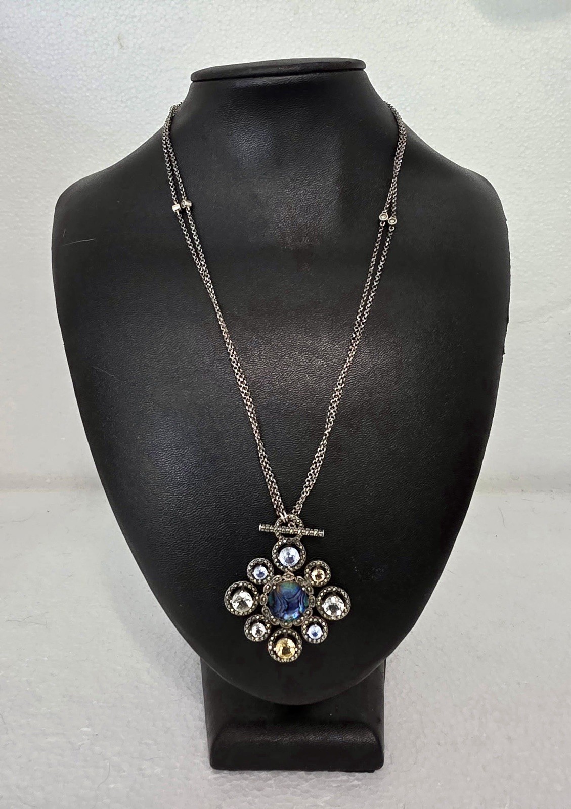 925 Sterling Silver Abalone Multi Stone Toggle Necklace Convertible Up to 20”