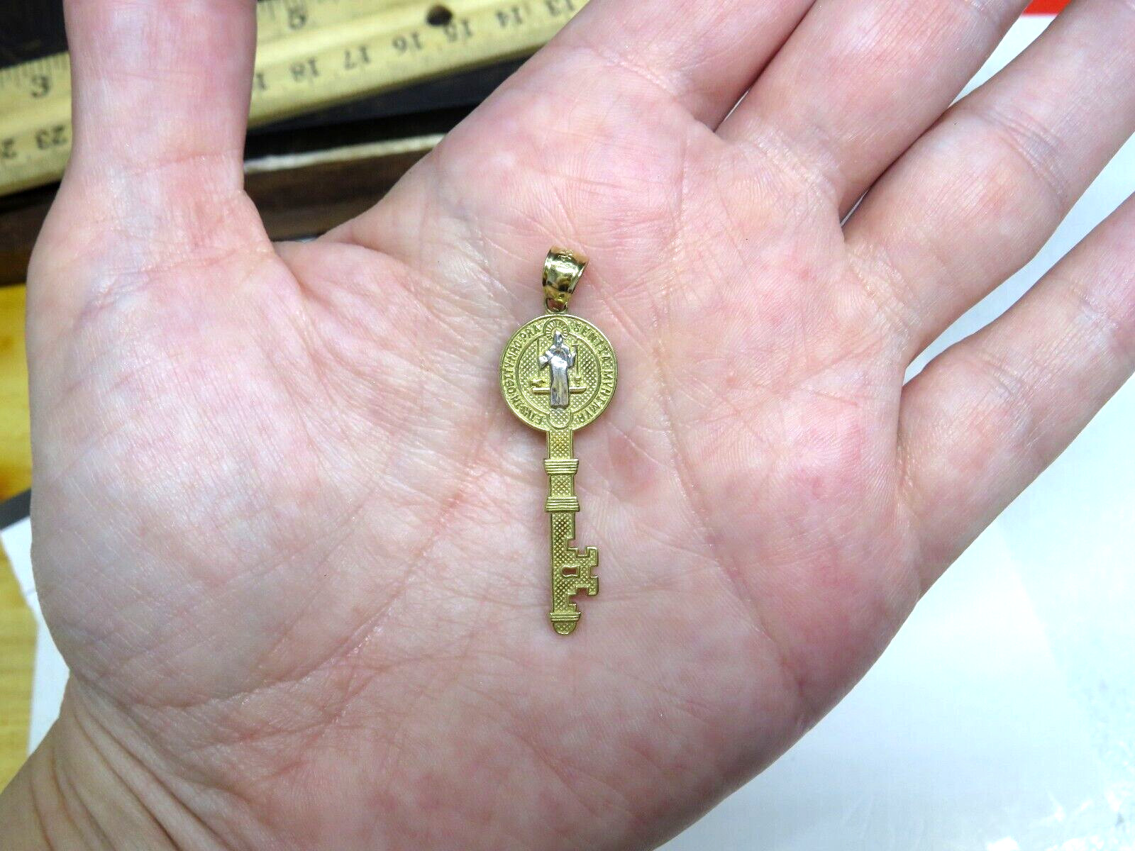 St BENEDICT 14K Yellow & White Gold Religious Key Pendant Charm
