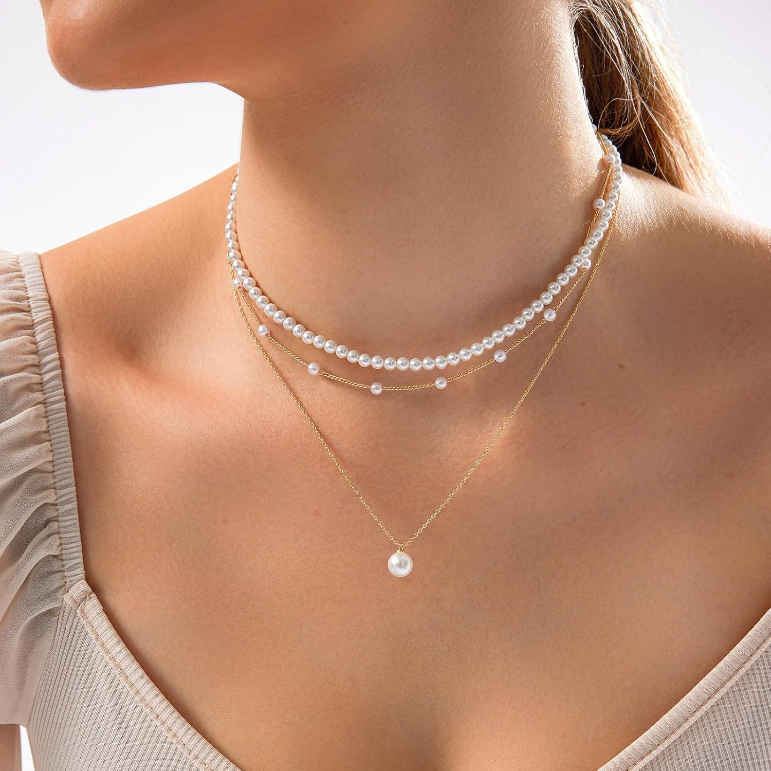 Gold Pearl Necklace for Women, Dainty 14K Gold/Silve Plated Layered Pearl Choker