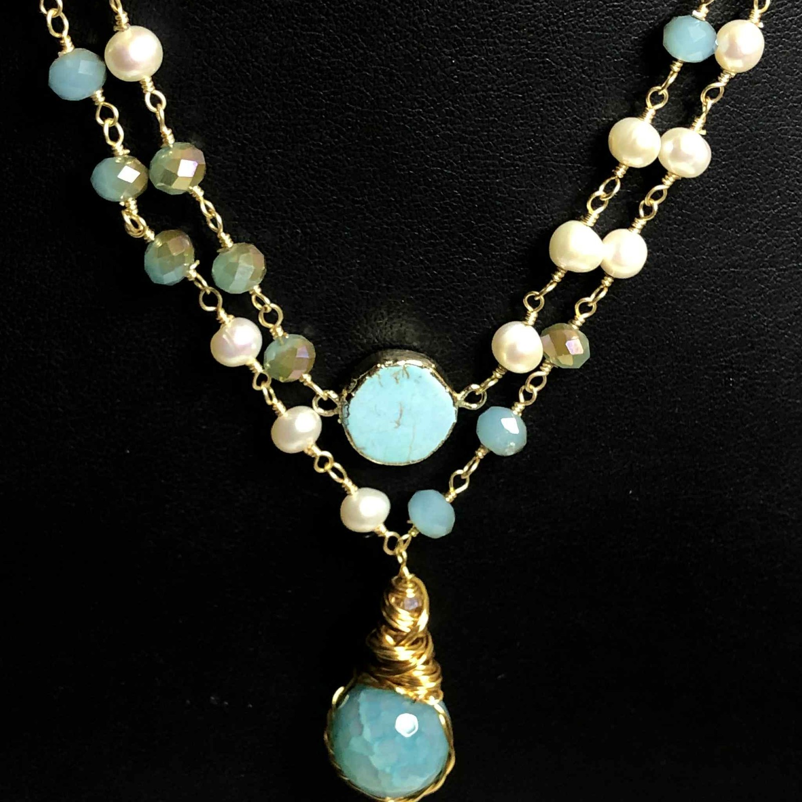 6561 Vermeil 925 faux Turquoise Crystal & pearl station layered Necklace 18″
