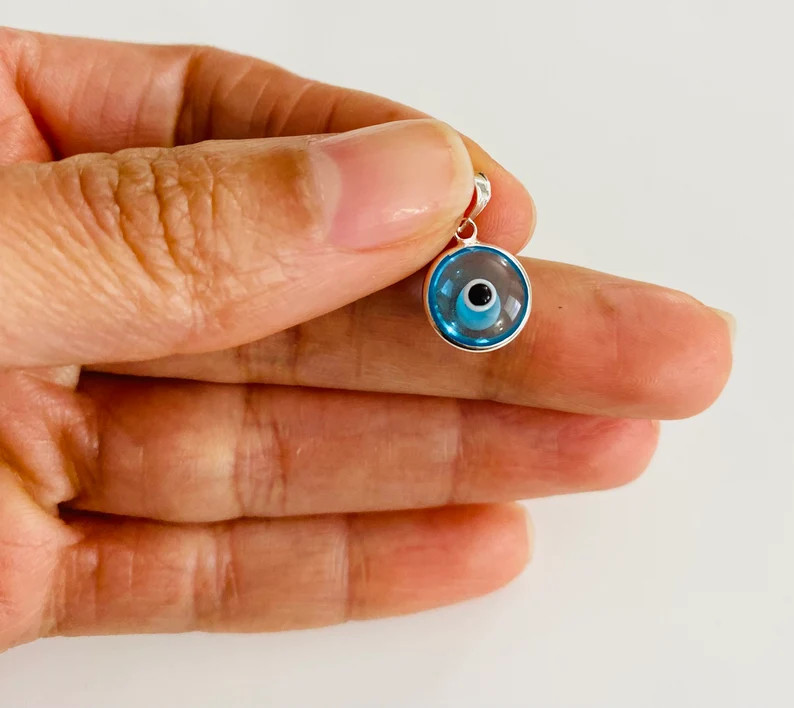 925 Sterling Silver Murano Glass 10mm Evil Eye Pendant, Transparent Blue – P149