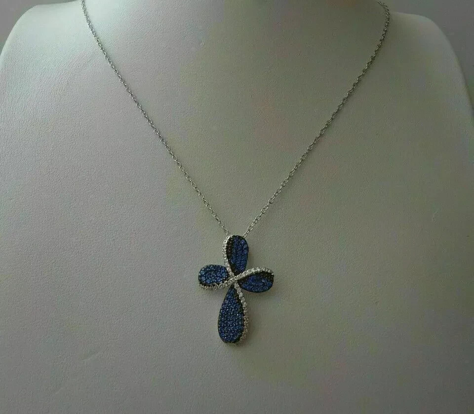 1.50Ct Round Cut Blue Sapphire Cross Pendant 14K White Gold Finish Free Chain