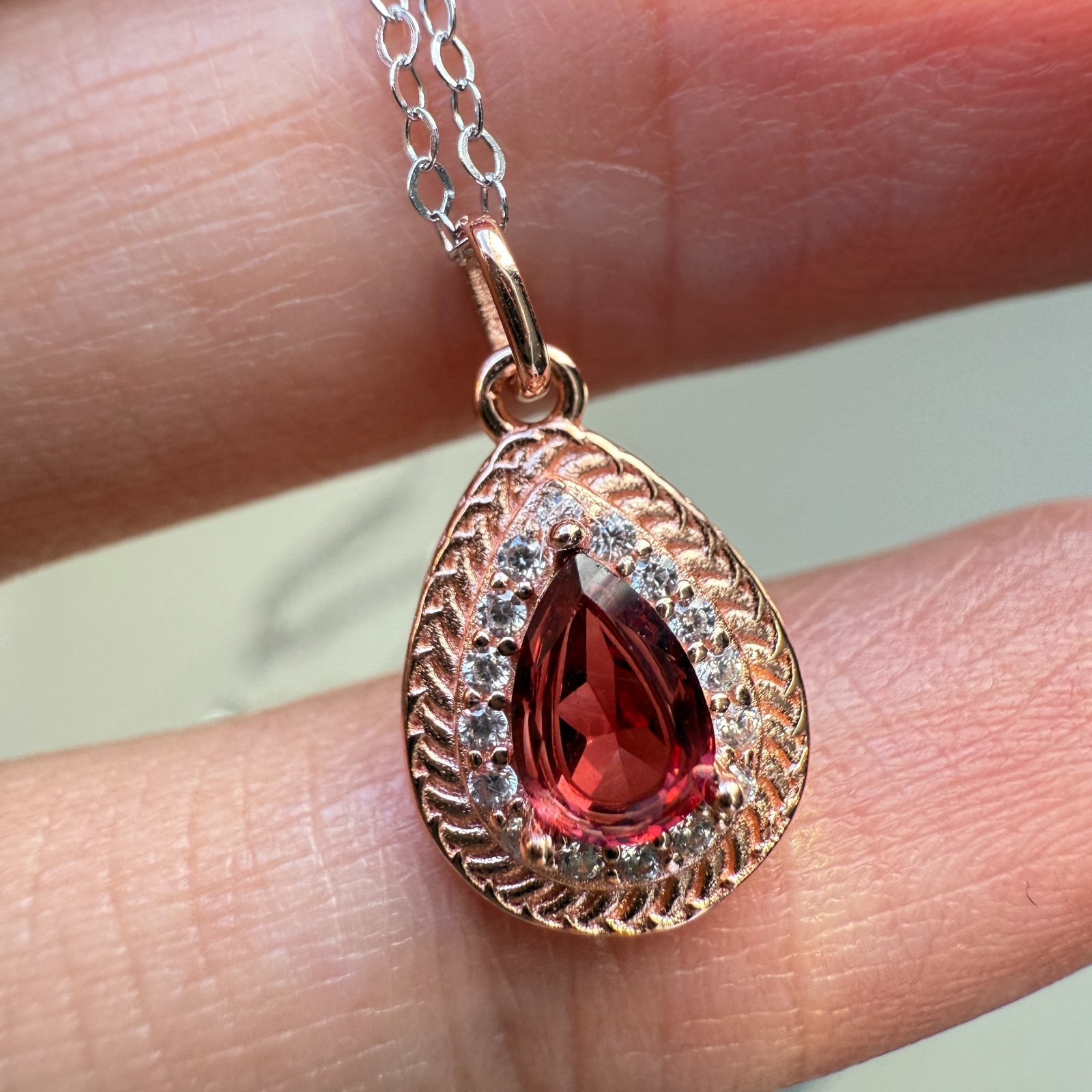 925 Sterling Silver Necklace 6x4mm Natural Garnet Gemstone Zircon Handmade Chain