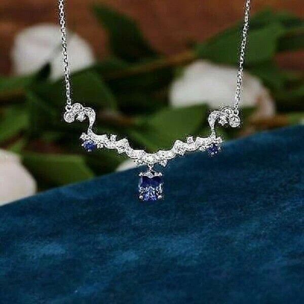 3Ct Oval Cut Sapphire/Diamond Tanmania Necklace 14K White Gold Finish Free Chain