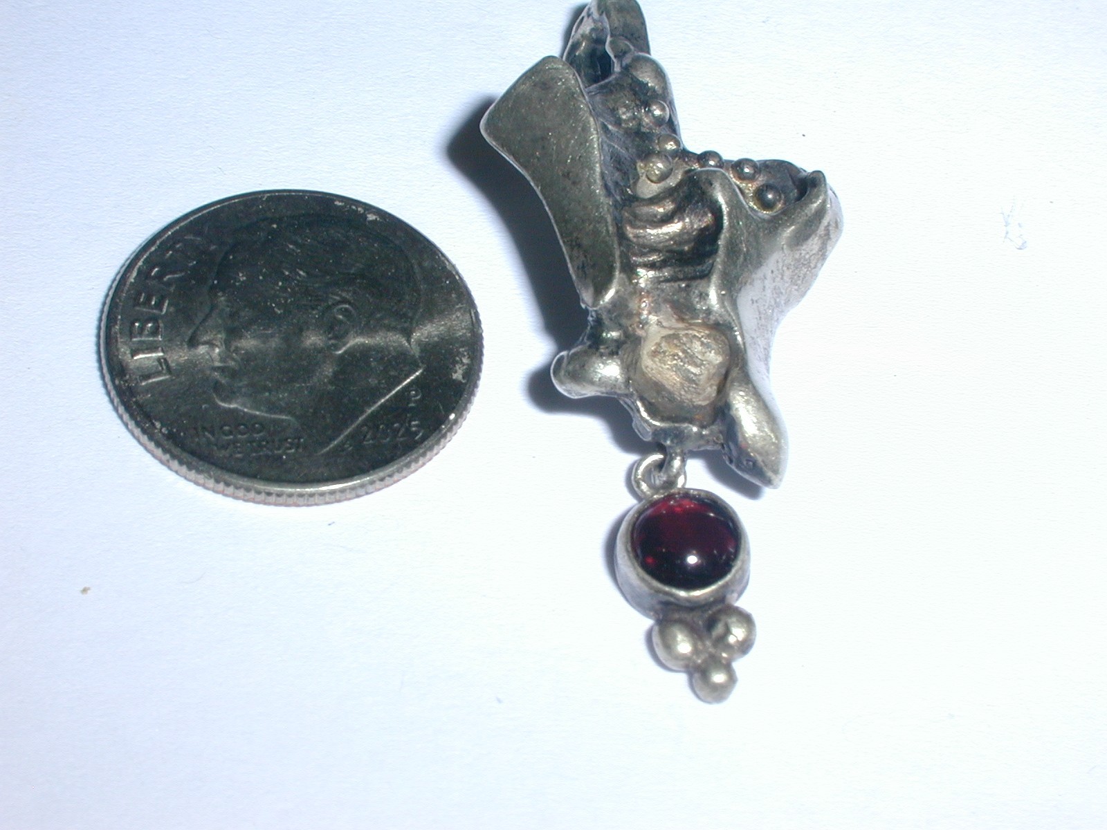 MODERNIST BRUTALIST STERLING SILVER HANDMADE PENDANT W/ GARNET DROP!
