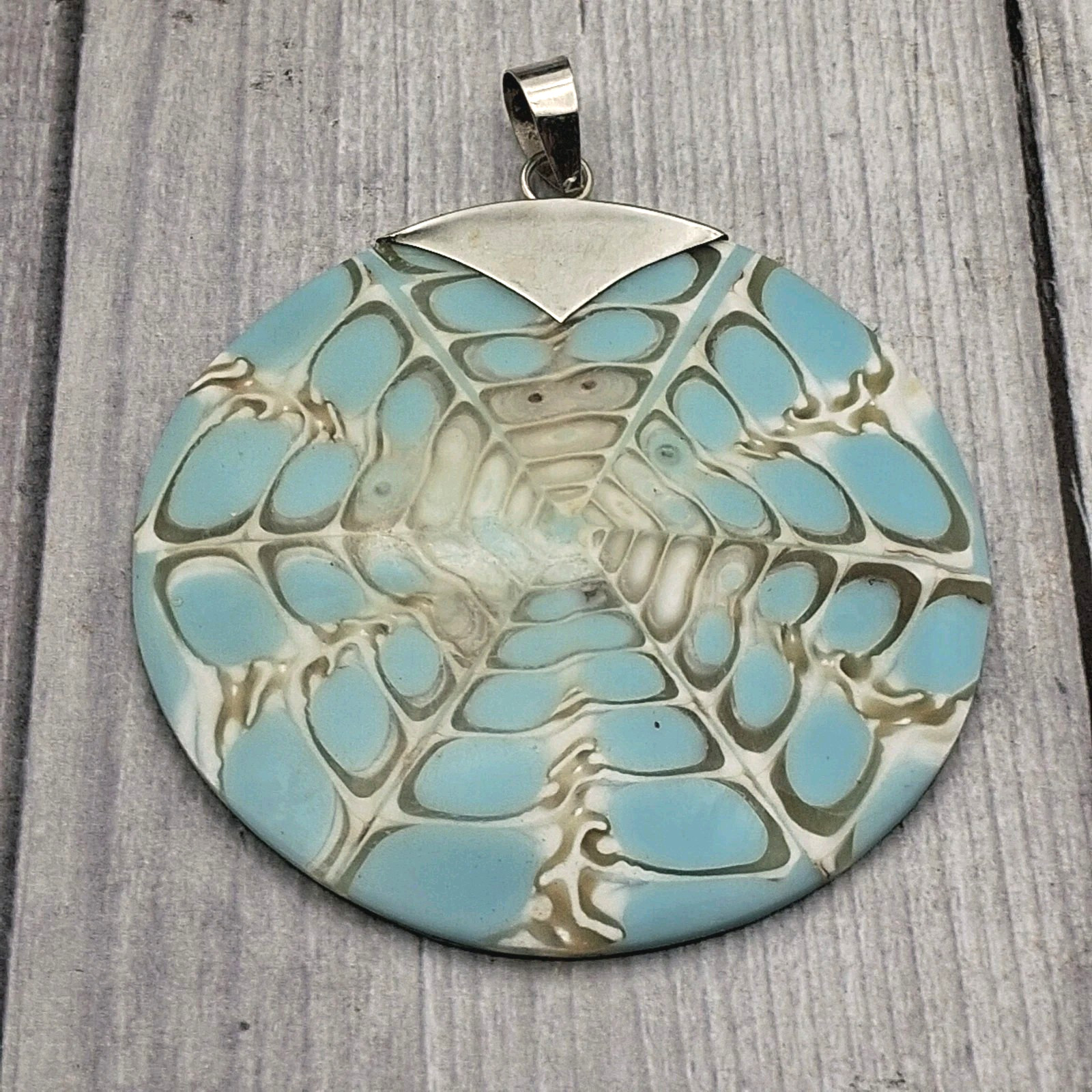 Large Southwestern Style Statement Pendant Blue Cream Mosaic Sterling Silver