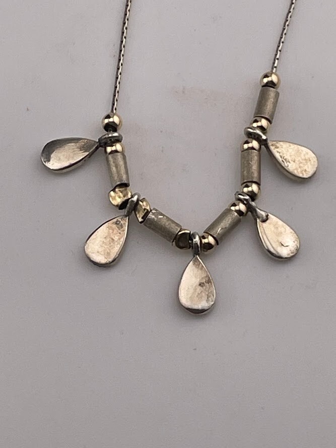 ITALY 925 STERLING SILVER 2 TONE BEADS MARCASITE TEARDROP NECKLACE 16″ MOD 1723