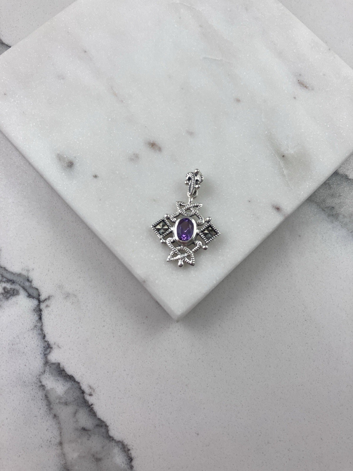 925 Sterling Silver Purple Amethyst Deco Marcasite Pendant